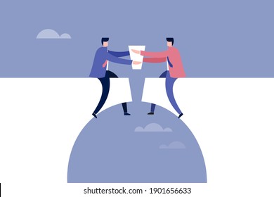 Conceptual illustration of  two businessmen building a bridge with mutual cooperation