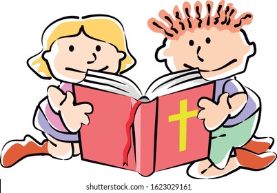 Conceptual illustration with two children reading a Holy Bible. Simple image in preschool style that represents reading and religious education. Vector illustration in cartoon style. Available in EPS 