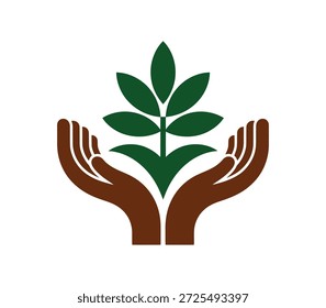 Ilustración conceptual de dos manos ahuecadas que nutren una planta de semillero verde vibrante que simboliza el crecimiento y el cuidado del medio ambiente