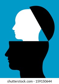 Conceptual illustration of two heads silhouetted in profile with a smaller white head rising out of a black head which is open like a lid - origin, continuity, intelligence, partners or replication