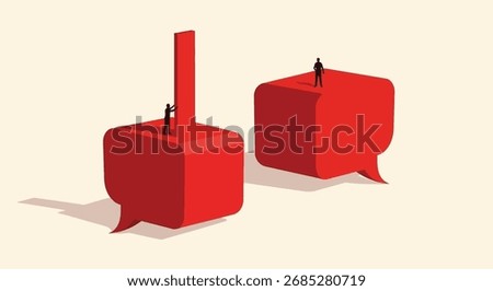 A conceptual illustration of two silhouetted figures on large red speech bubbles. One person stands while the other builds upon their bubble, symbolizing communication and ideas.