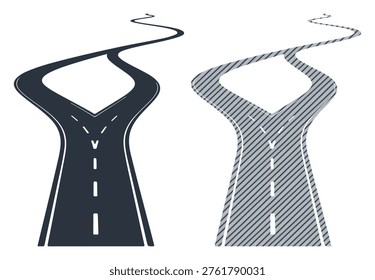 Conceptual illustration of two winding roads diverging, symbolizing choices, decisions, and different paths.