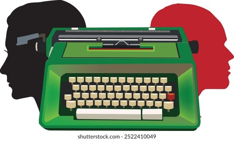 Conceptual illustration of two writers using a green typewriter as a brain