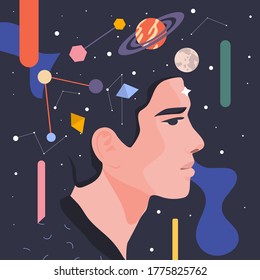 Conceptual illustration - the universe within us. Male portrait Modern vector illustration.