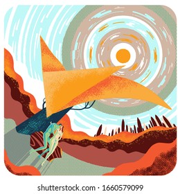 Conceptual Illustration - Werte der modernen Welt. Bibelgeschichte - Adam und Eva unter einem Baum, der ein Smartphone hält, bei klarem Wetter, minimalistischer Landschaft
