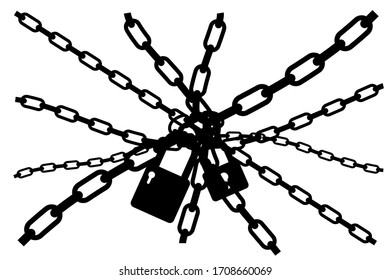 Conceptual Illustration, Vector Silhouette Locked with various Size of Chain and Two Padlock, element for your design, isolated on white
