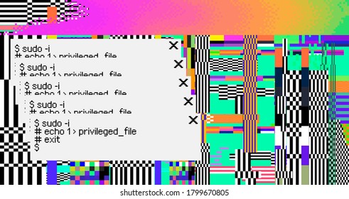 Conceptual illustration of a virus malware program, hacker attack. Infected computer screen with warning messages and buggy and glitchy pixels.