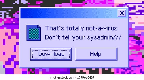 Conceptual illustration of a virus programm, malware, hacker attack. Infected computer screen with warning messages and buggy and glitchy pixels.