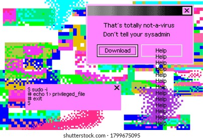 Conceptual illustration of a virus programm, malware, hacker attack. Infected computer screen with warning messages and buggy and glitchy pixels.