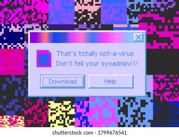 Conceptual illustration of a virus programm, malware, hacker attack. Infected computer screen with warning messages and buggy and glitchy pixels.