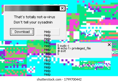 Conceptual illustration of a virus programm, malware, hacker attack. Infected computer screen with warning messages and buggy and glitchy pixels.