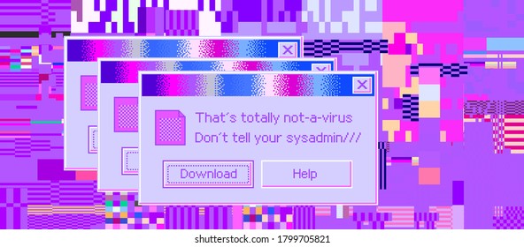 Conceptual illustration of a virus programm, malware, hacker attack. Infected computer screen with warning messages and buggy and glitchy pixels.