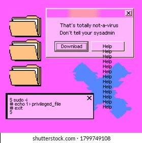 Conceptual illustration of a virus programm, malware, hacker attack. Infected computer screen with warning messages and buggy and glitchy pixels.