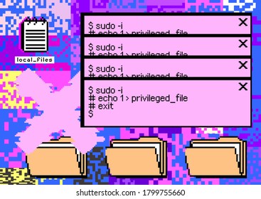Conceptual illustration of a virus programm, malware, hacker attack. Infected computer screen with warning messages and buggy and glitchy pixels.