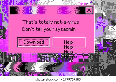 Conceptual illustration of a virus programm, malware, hacker attack. Infected computer screen with warning messages and buggy and glitchy pixels.