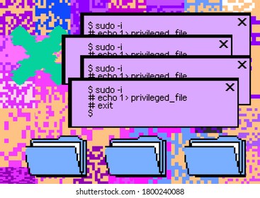 Conceptual illustration of a virus programm, malware, hacker attack. Infected computer screen with warning messages and buggy and glitchy pixels.