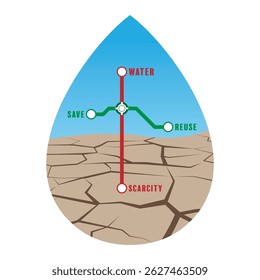 Conceptual illustration of water scarcity: a water drop with cracked earth and a subway-style path showing choices. Save or Reuse water, or face Scarcity. Highlights urgent conservation.