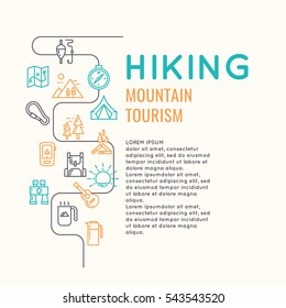 Conceptual illustration for web, a hike in the woods and Hiking. Vector infographics. 