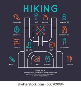 Conceptual illustration for web, a hike in the woods and Hiking. Vector infographics. 