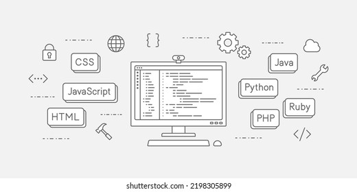 Conceptual illustration of web programming. Conceptual illustration of front-end, back-end, and full-stack development.