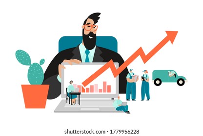 Conceptual illustration of well-coordinated teamwork with a manager showing the growth of enterprise revenues on a laptop screen and a call center and delivery service. Logistic business. Vector carto