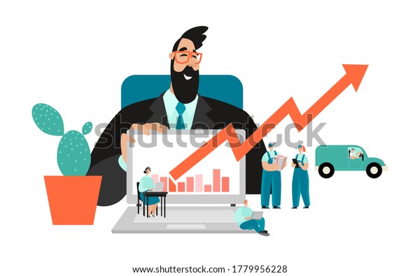Conceptual illustration of well-coordinated\
teamwork with a manager showing the growth of enterprise revenues\
on a laptop screen and a call center and delivery service. Logistic\
business. Vector\
carto