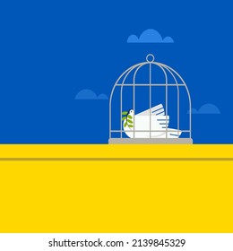 Conceptual illustration of a white dove, symbol of peace, inside a cage.