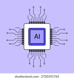 Conceptual illustration of a white microchip with “AI” label and circuit lines on light purple background. Ideal for visuals related to artificial intelligence, embedded systems, machine learning hardware, and tech branding.