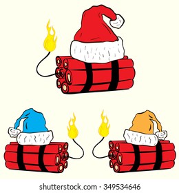 Conceptual illustration with the wick on fire dynamite in the Christmas cap