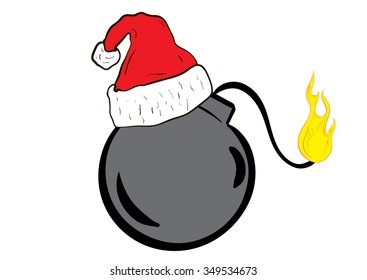Conceptual illustration with the wick on fire bomb in the Christmas cap