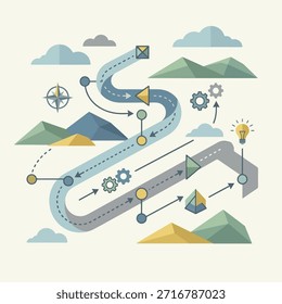 Conceptual illustration of a winding business process roadmap, depicting strategic planning, idea generation, workflow, and project development stages with symbolic elements.