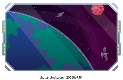 Conceptual illustration with the window of a space station or spaceship orbiting around planet Earth.
