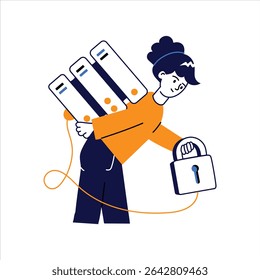 Conceptual illustration of a woman carrying multiple server drives connected to a lock, representing data protection and secure storage.