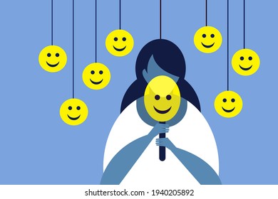 Conceptual illustration of a woman choosing a smiling mask to cover her face to become happy
