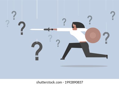 Conceptual illustration of a woman cutting the problems hanging around her with a sword