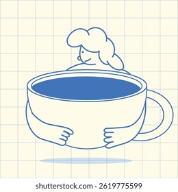 Conceptual Illustration of a Woman Embracing a Giant Cup of Coffee,graphic elements for advertising, branding, posters and banners, funny cartoon illustration with character and mascot