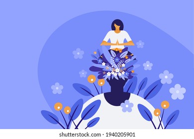 Conceptual illustration of a woman sitting on her own head and doing meditation. Concepts for mindful meditation