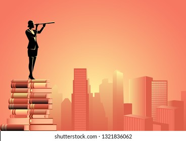 Conceptual illustration of a woman using telescope standing on pile of books looking at cityscape