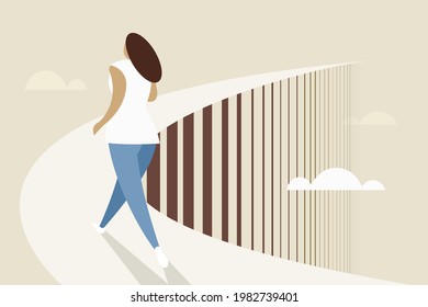 Conceptual illustration of a woman walking on an elevated bridge that goes up endlessly