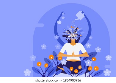 Conceptual illustration of a woman watering the plants growing on her own head while meditating. Concept for mindful meditation