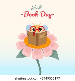 Conceptual illustration for world book day.  Very smart bee reading on flower