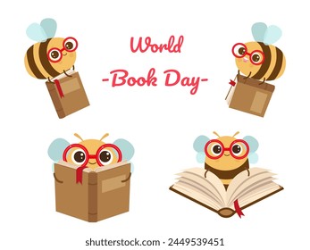 Conceptual illustration for world book day. Set with very smart bee reading books