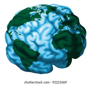 A conceptual illustration of a world globe in the shape of a human brain