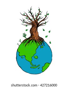 Conceptual illustration of a world globe tree. ecology concept. environment concept. natural concept.