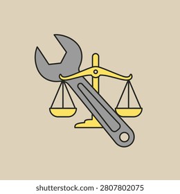 Conceptual illustration of a wrench superimposed on the scales of justice, symbolizing legal repair or justice system mechanics.