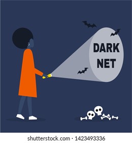 Conceptual illustration. Young black female character exploring the Darknet / editable flat vector illustration, clip art