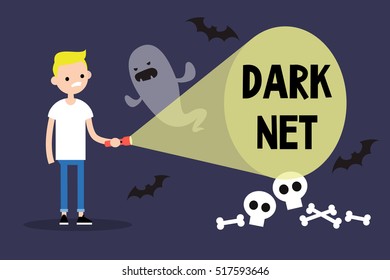 Conceptual illustration. Young blond boy exploring the Dark net / cartoon style editable flat illustration, clip art
