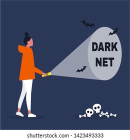 Conceptual illustration. Young female character exploring the Darknet / editable flat vector illustration, clip art