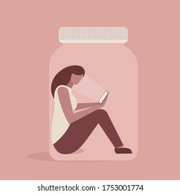 Conceptual illustration of a young girl sitting inside a closed bottle and looking at smart phone. Concept for smartphone addiction