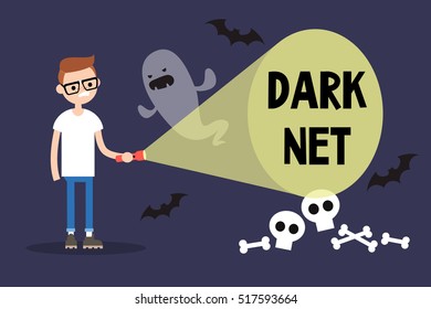 Conceptual illustration. Young nerd exploring the Dark net / cartoon style editable flat illustration, clip art